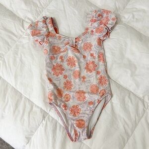 JANIE & JACK Girl’s White Lilac Orange Floral Puff Sleeve One Piece Swimsuit 7